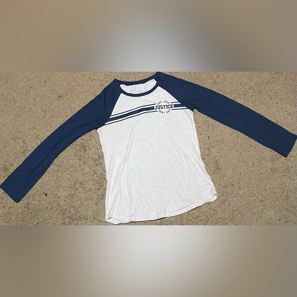 Blue and white sprinkle like, justice long sleeve shirt in girls 12.
